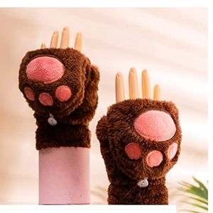 Cat's Claw Gloves Plush Half-finger Bear's Paw Fingerless Gloves Cute Thick Flee